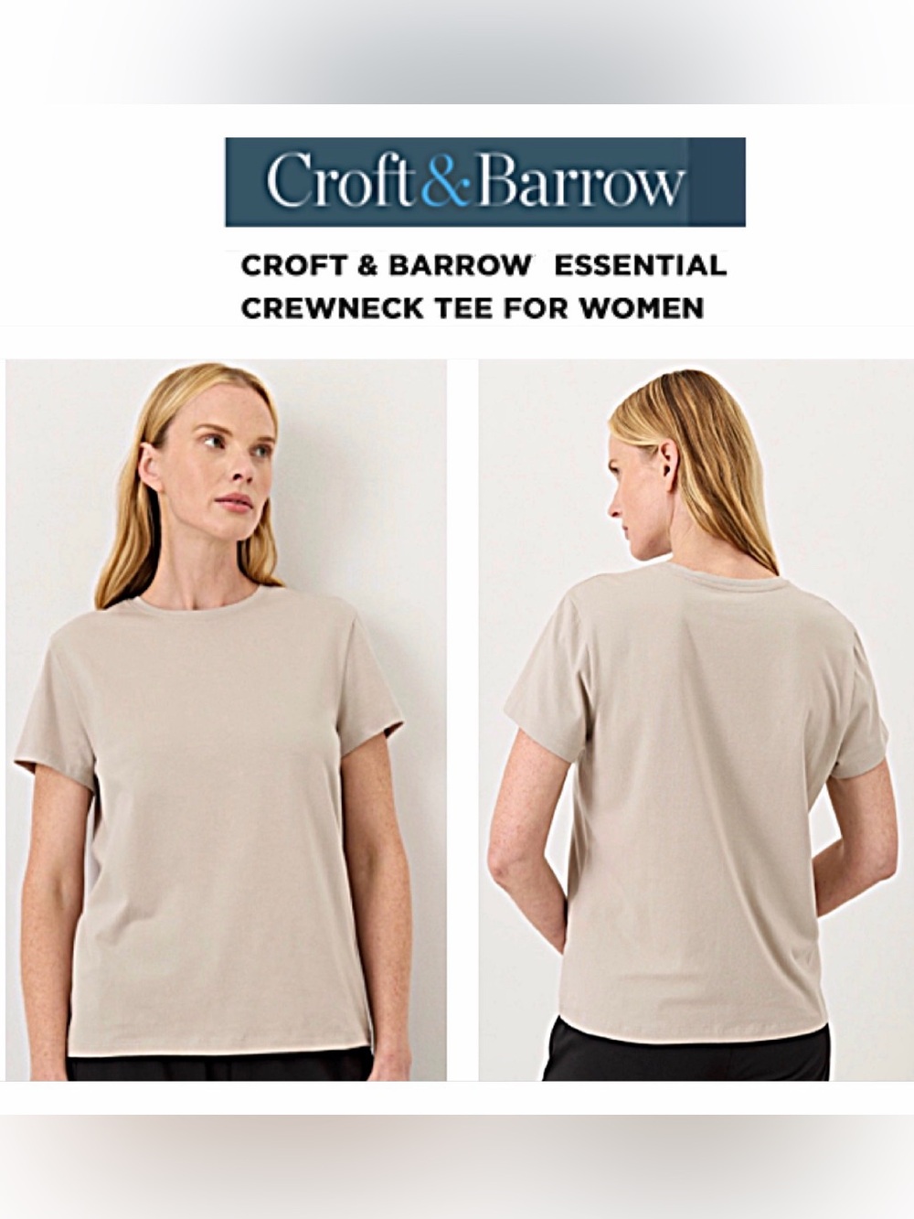 Women M Croft Barrow Essential Crewneck Tee Cream Tan Nude Short Sleeve Shirt